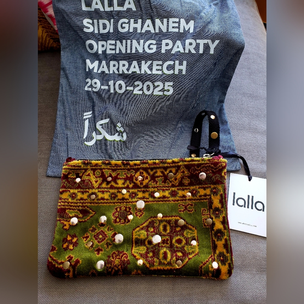 Moroccan Olive Green Studded Patterned Carpet Wristlet Clutch NWT
